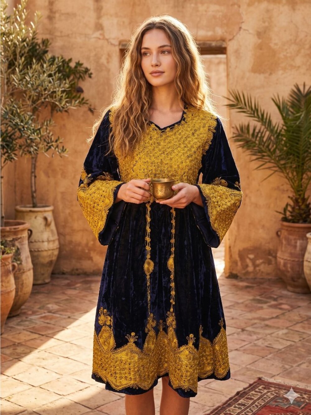 Vintage 80s Afghan Kuchi Dress Navy Blue Gold Embroidery Ethnic Tribal Women Med